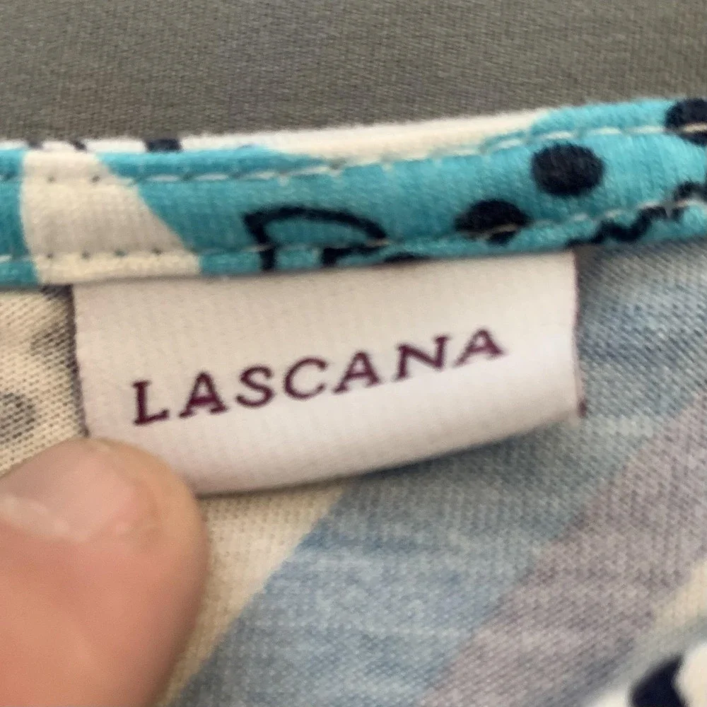 LASCANA Dress Womens 36 White Blue Halter Swing Sundress Geometric Print Cute